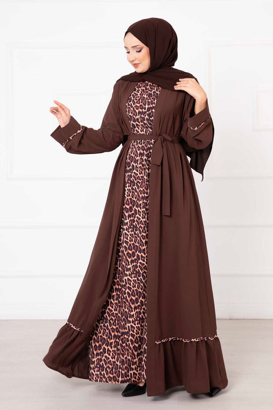 Conjunto de Abaya doble con estampado de leopardo Marrón