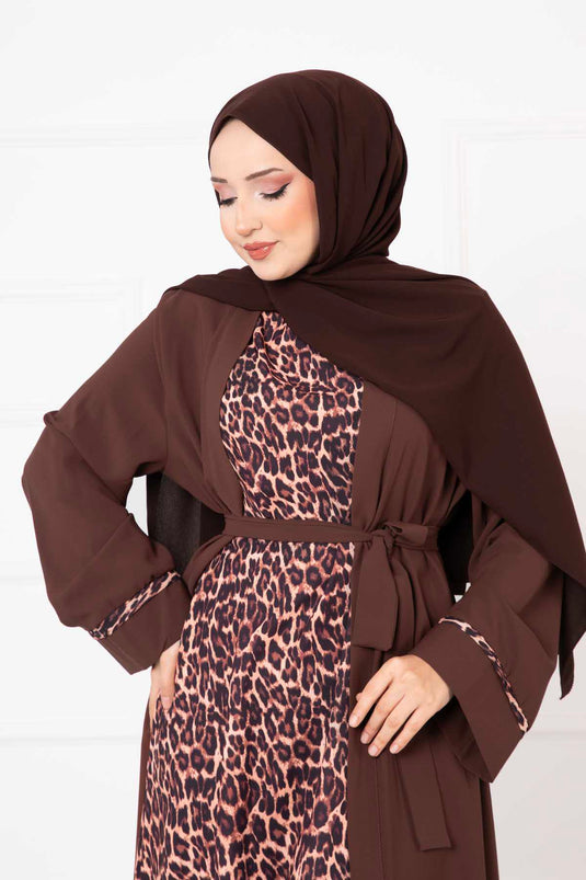 Leopard Print Two-Piece Abaya Set Brown