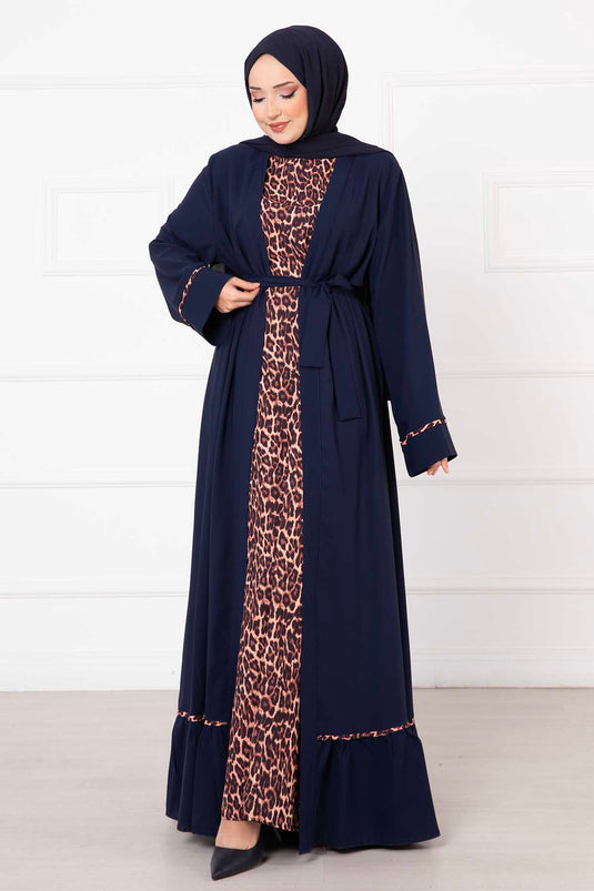 Leopard Print Two-Piece Abaya Set Navy Blue