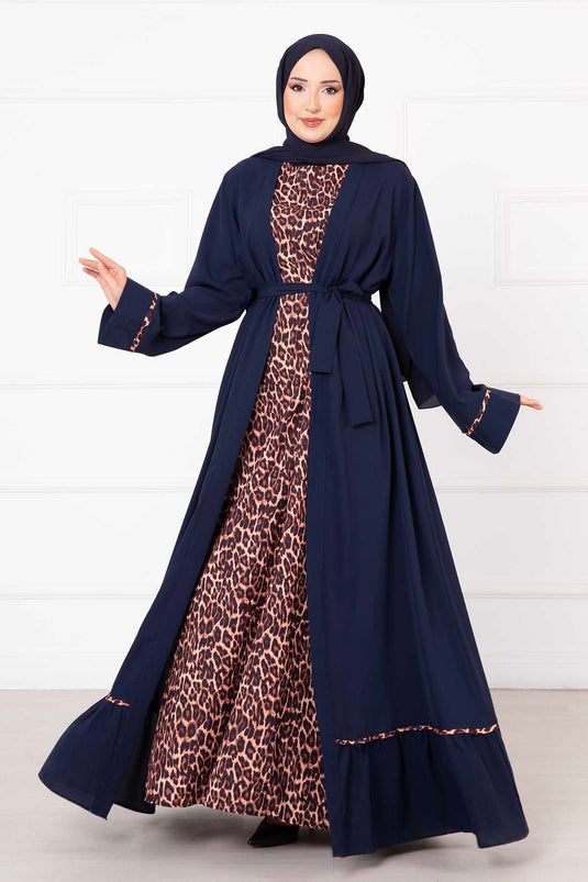 Leopar Desen İkili Abaya Takım Lacivert