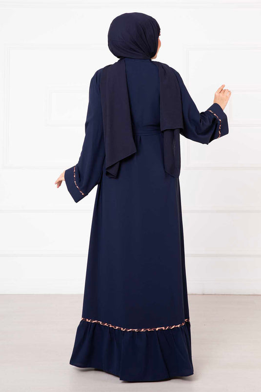 Leopar Desen İkili Abaya Takım Lacivert