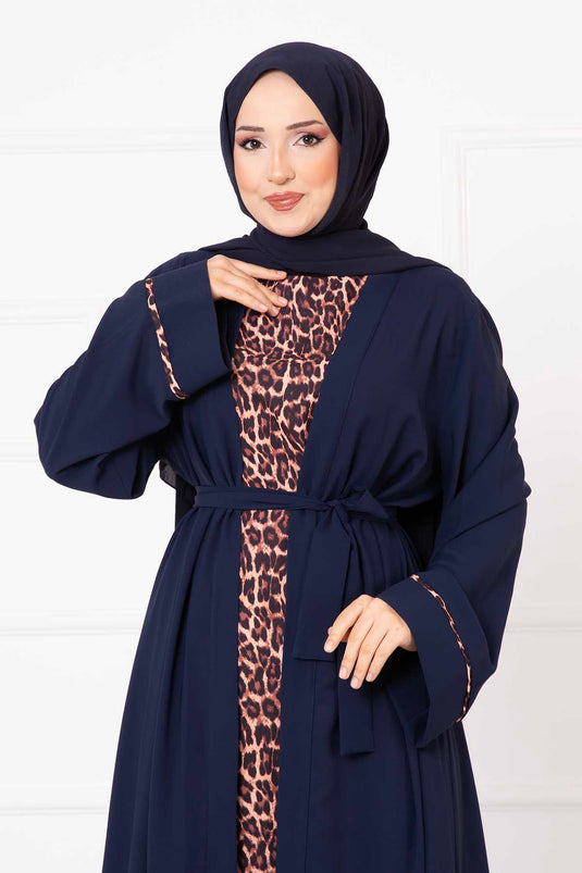 Leopard Print Two-Piece Abaya Set Navy Blue