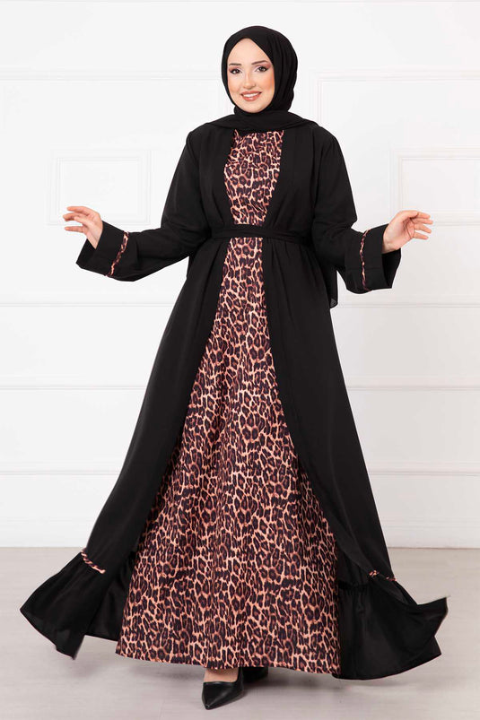 Leopar Desen İkili Abaya Takım Siyah