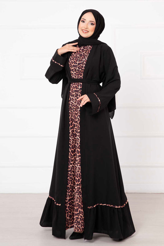 Leopard Print Two-Piece Abaya Set Black