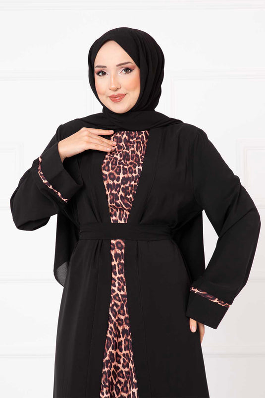 Leopard Print Two-Piece Abaya Set Black