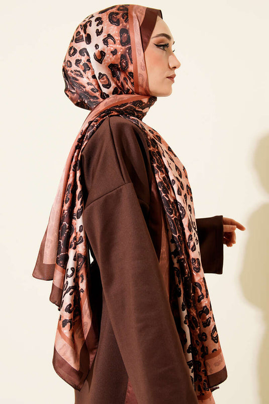 Leopar Desen İpekTwill Şal Kahve