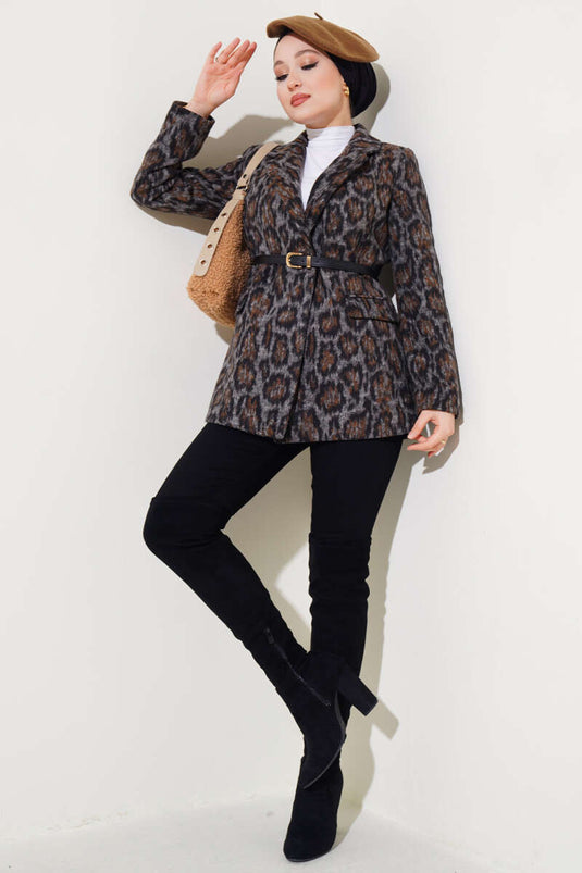 Leopar Desen Kemerli Blazer Ceket Füme