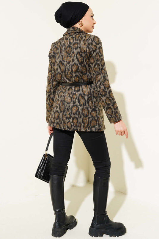 Leopar Desen Kemerli Blazer Ceket Taba