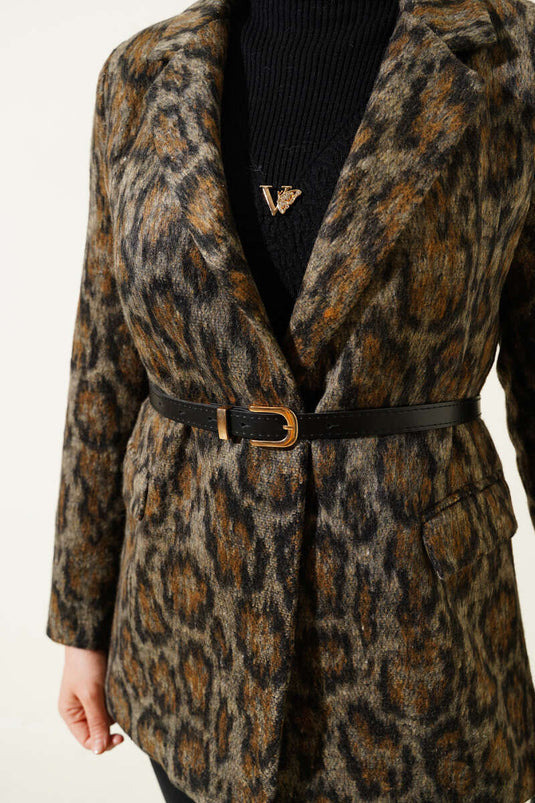 Leopar Desen Kemerli Blazer Ceket Taba