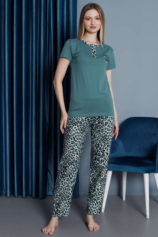 Leopard Pattern Short Sleeve Pajama Set Almond Green