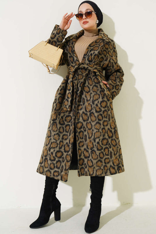 Leopard Pattern Belted Coat Leopard