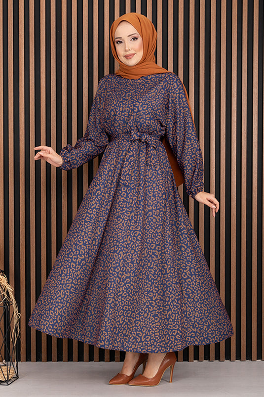 Robe hijab à ceinture imprimé léopard bleu marine