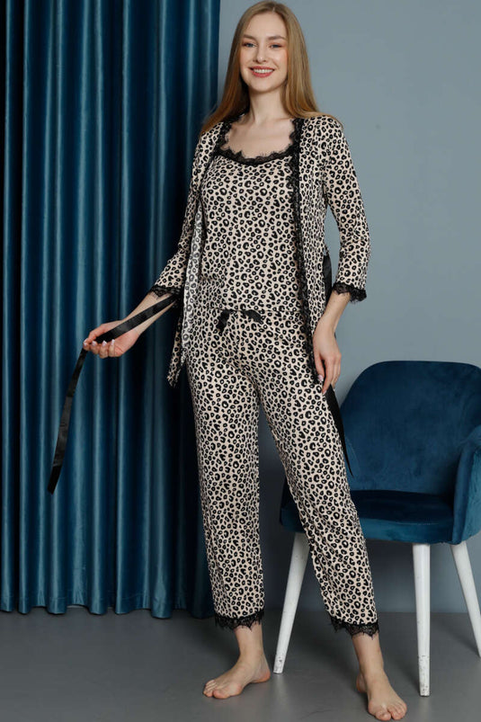 Ensemble pyjama 3 pièces à motif léopard avec peignoir léopard