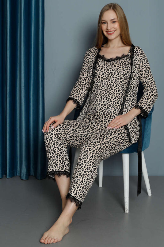 Ensemble pyjama 3 pièces à motif léopard avec peignoir léopard