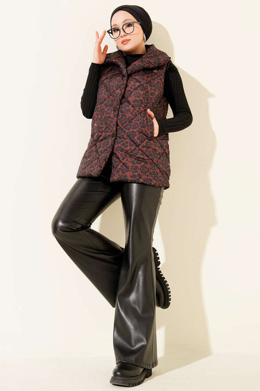 Leopard Pattern Quilted Vest with Stones Brown