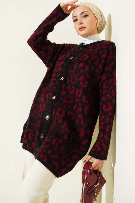 Strickcardigan mit Leopardenmuster und Knopfleiste, Burgunderrot