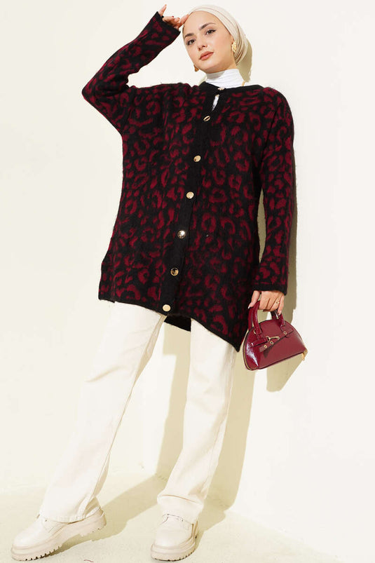 Leopard Print Knitted Button-Down Cardigan, Burgundy