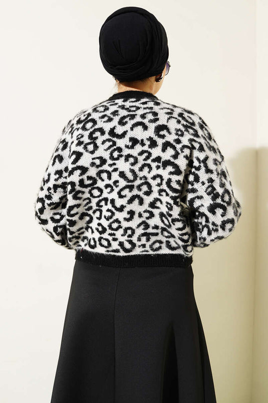 Leopard Print Knit Sweater White