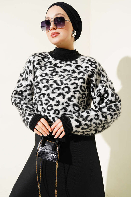 Leopard Print Knit Sweater White