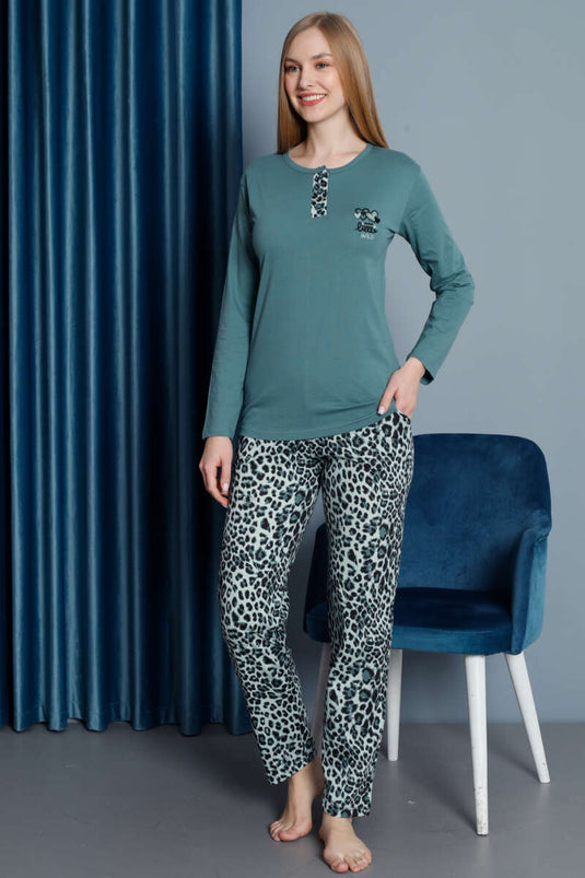Ensemble pyjama à manches longues motif léopard vert amande