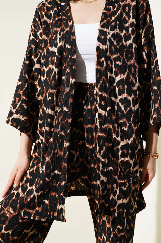 Leopard Patterned Crepe Kimono Two Piece Set Leopard