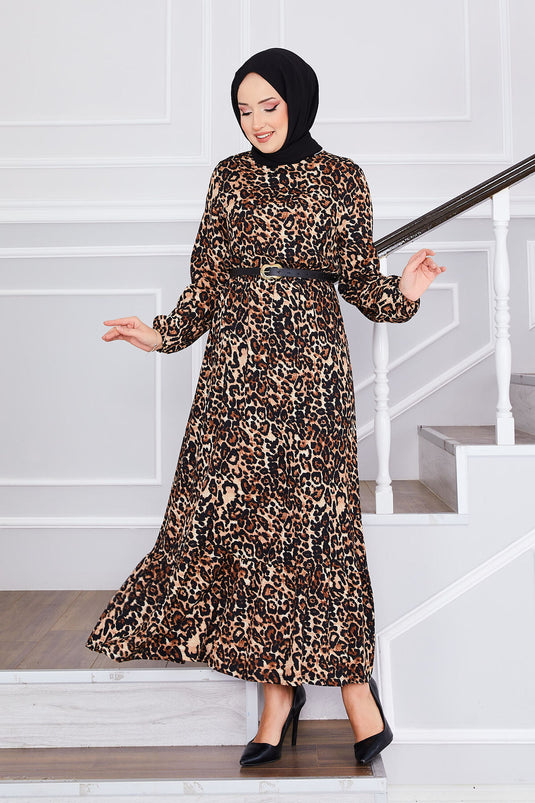 Leopard Print Ruffled Modest Dress -2