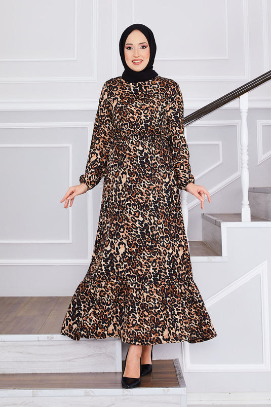 Leopard Print Ruffled Modest Dress -2