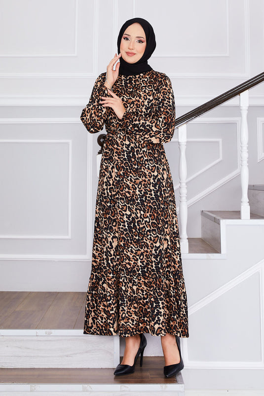 Leopard Print Ruffled Modest Dress -2