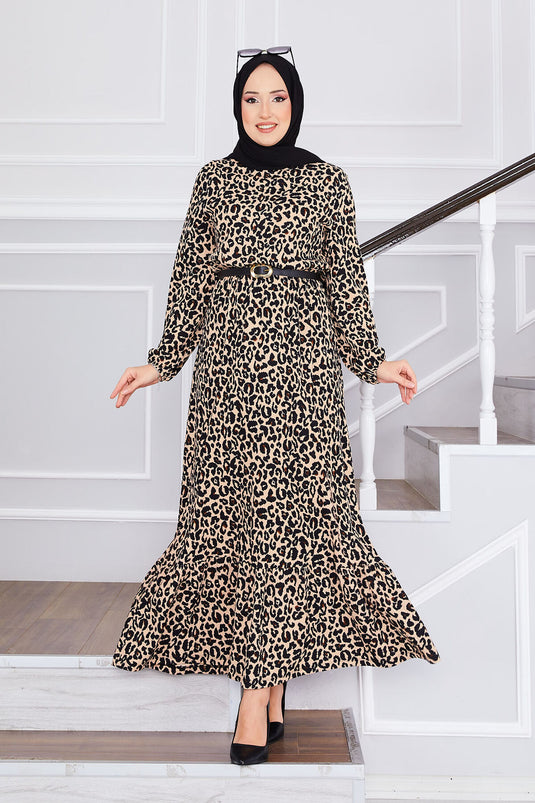 Leopard Print Ruffled Modest Dress -3