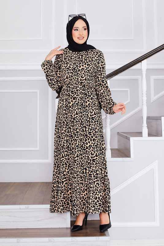 Leopard Print Ruffled Modest Dress -3