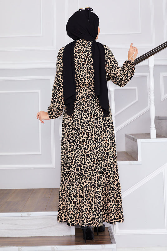 Leopard Print Ruffled Modest Dress -3