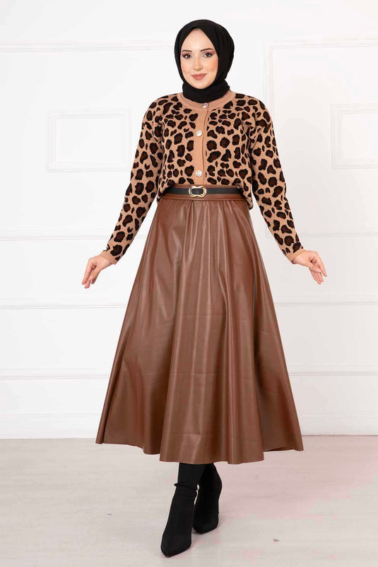 Leopar Desenli Crop Hırka Camel