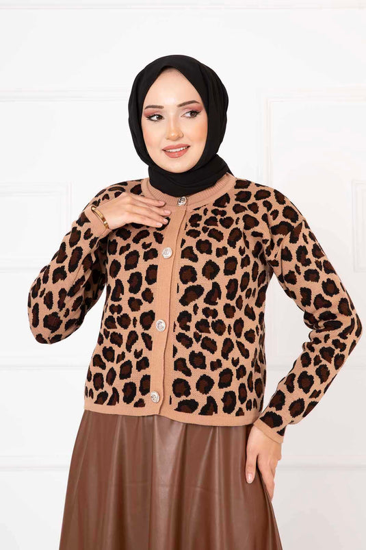 Leopar Desenli Crop Hırka Camel