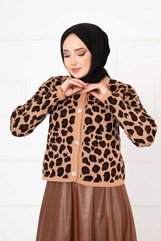 Leopar Desenli Crop Hırka Camel