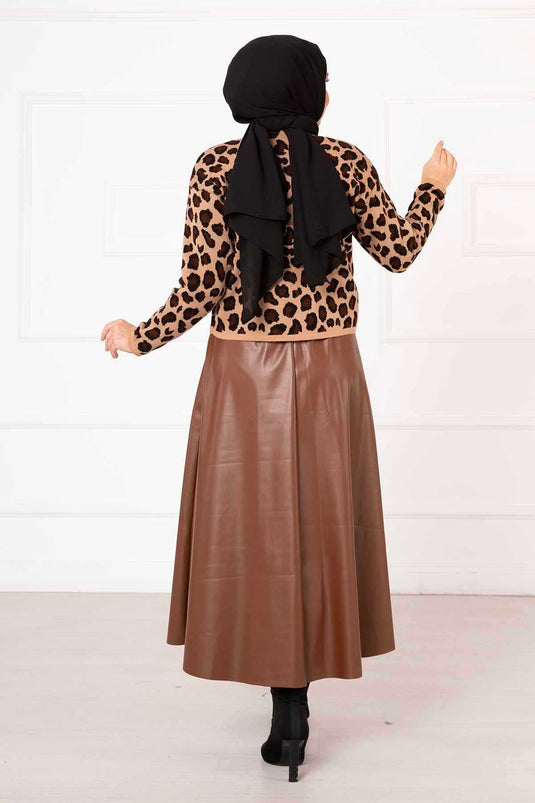 Leopar Desenli Crop Hırka Camel