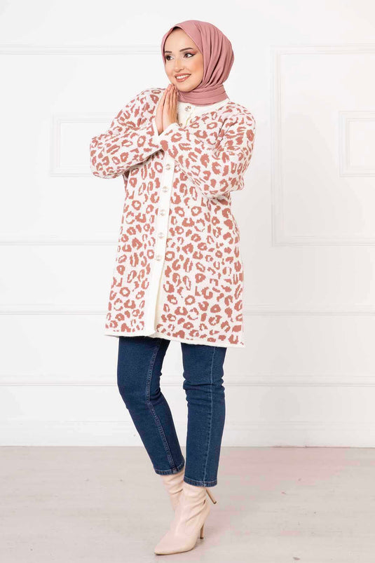 Cardigan abbottonato con motivo leopardato Rosa antico