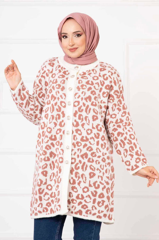 Cardigan abbottonato con motivo leopardato Rosa antico