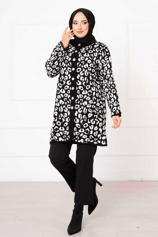 Black Leopard Print Buttoned Cardigan