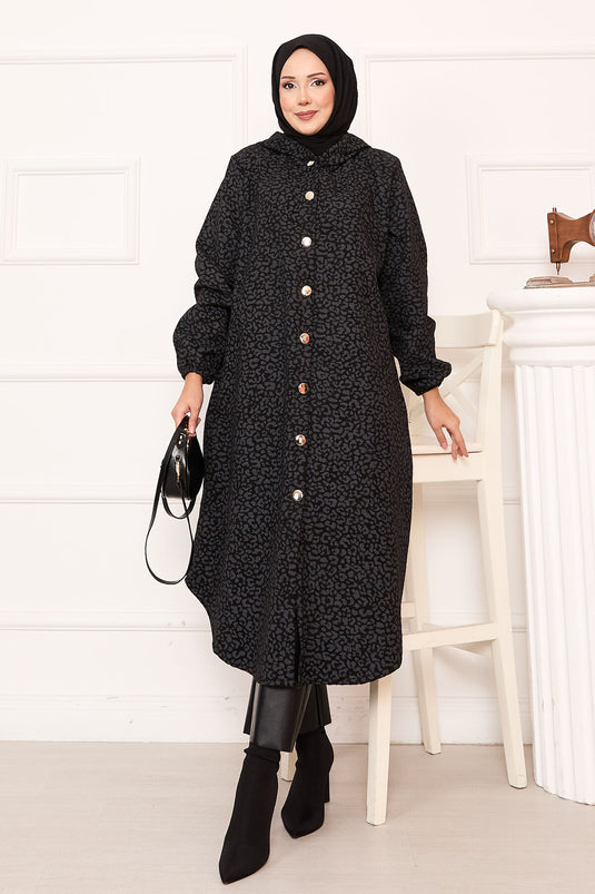Leopard Patterned Buttoned Cashmere Coat Smoked