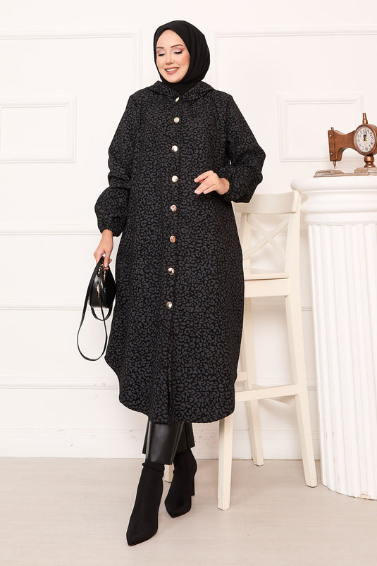 Leopard Patterned Buttoned Cashmere Coat Smoked