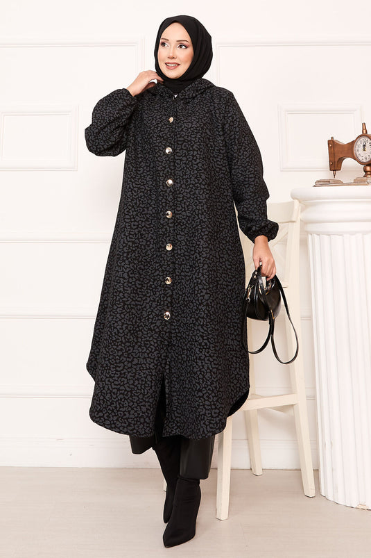 Leopard Patterned Buttoned Cashmere Coat Smoked