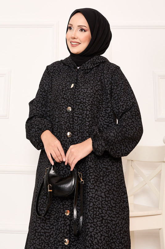 Leopard Patterned Buttoned Cashmere Coat Smoked