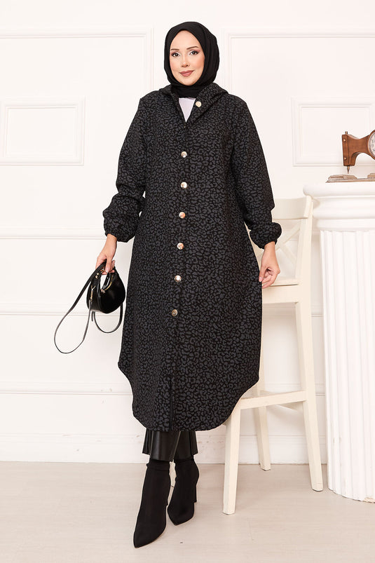 Leopard Patterned Buttoned Cashmere Coat Smoked