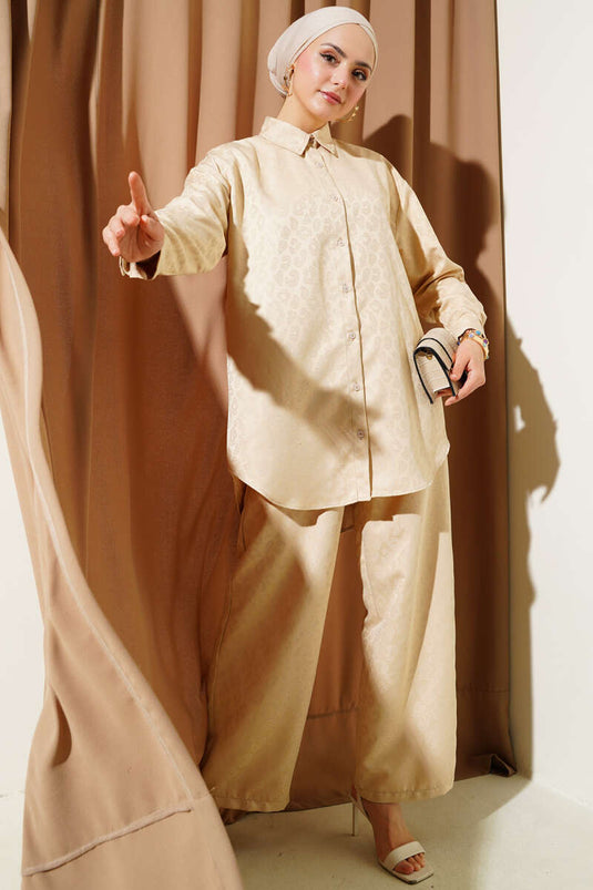 Costume deux pièces en jacquard à motifs léopard beige