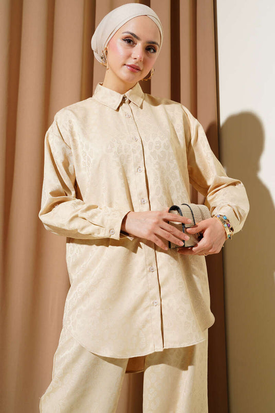 Costume deux pièces en jacquard à motifs léopard beige