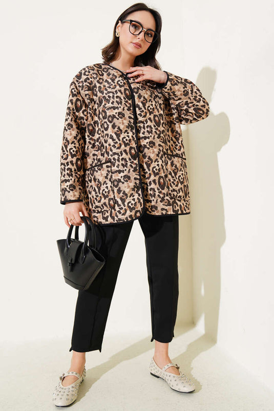 Beige Quilted Jacket with Leopard Print