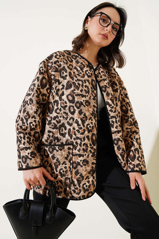 Beige Quilted Jacket with Leopard Print