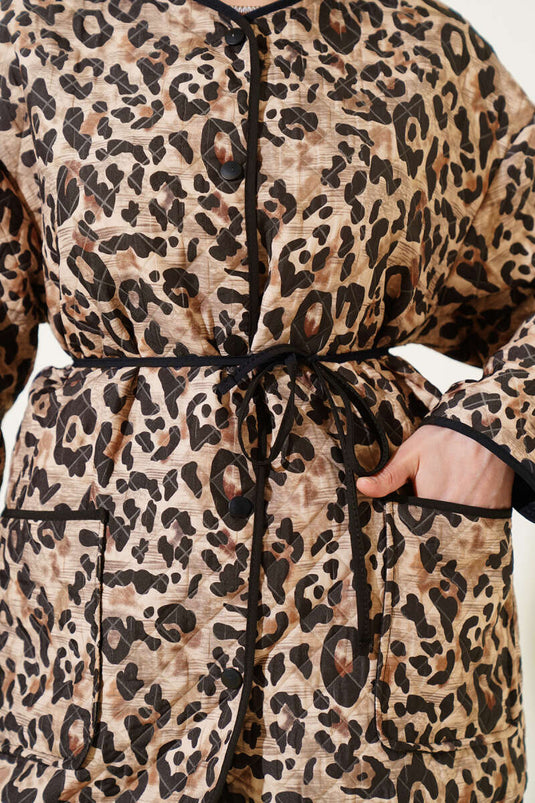 Beige Quilted Jacket with Leopard Print