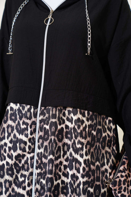 Leopard Patterned Hooded Zippered Suit Black