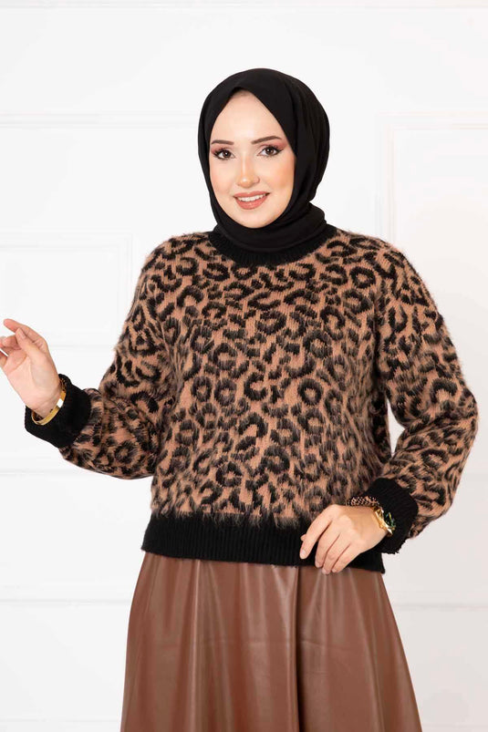 Pullover mit Leopardenmuster Kamel